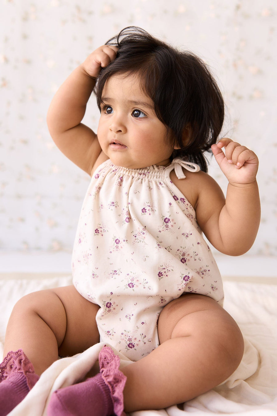 Organic Cotton Cassie Playsuit - Sweet William Floral Natural Childrens Playsuit from Jamie Kay USA