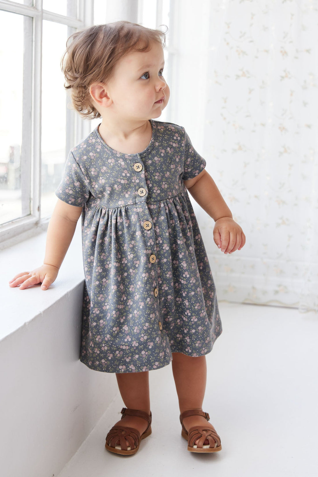 Organic Cotton Lola Dress - Rosalie Floral Lava Childrens Dress from Jamie Kay USA