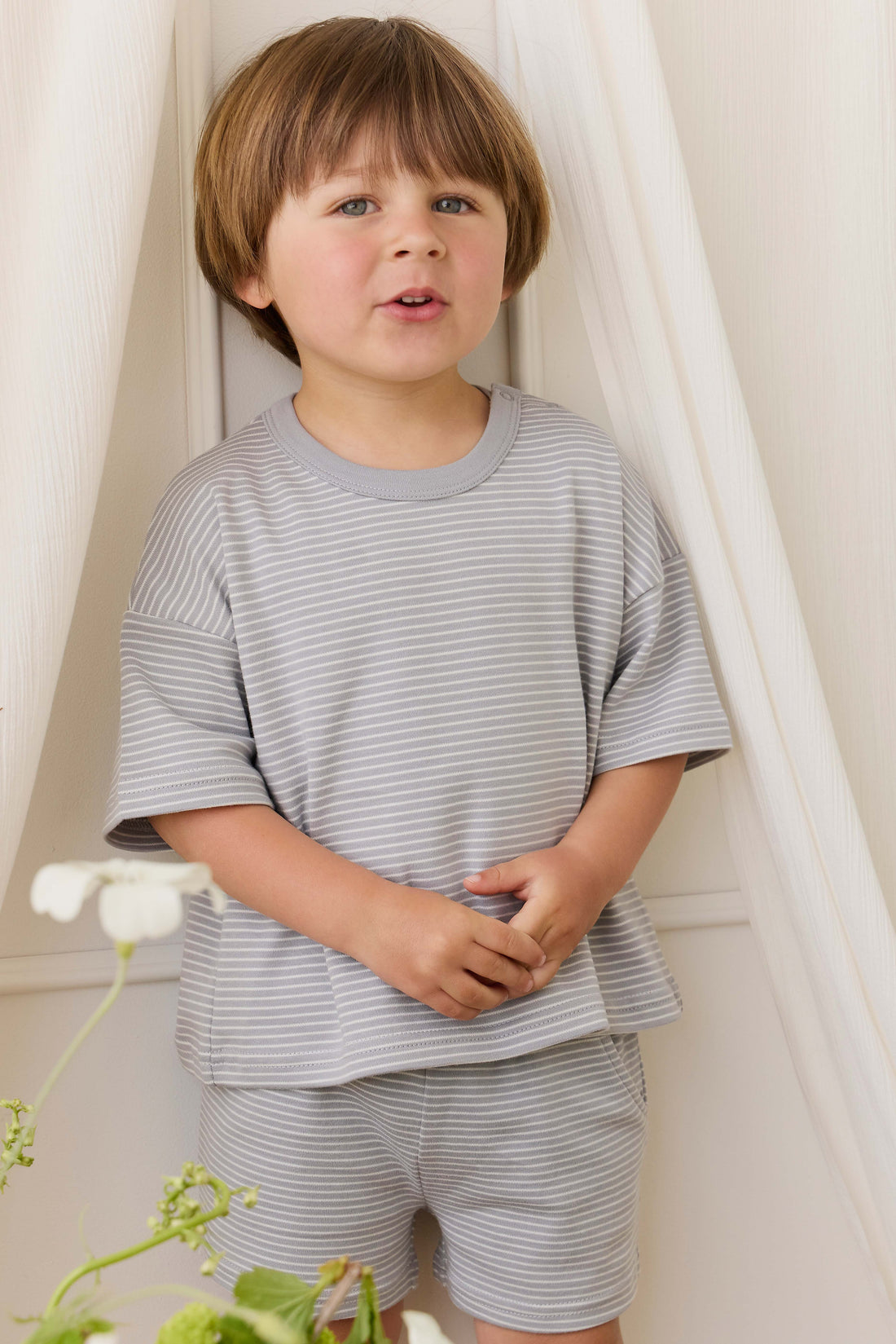 Pima Cotton Wesley Short - Fine Stripe Missouri/Parchment Childrens Shorts from Jamie Kay USA