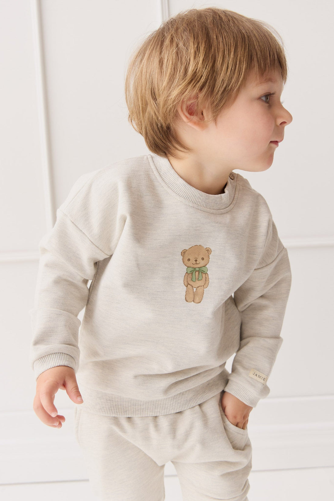 Organic Cotton Damien Sweatshirt - Oatmeal Marle Little Ted Childrens Top from Jamie Kay USA