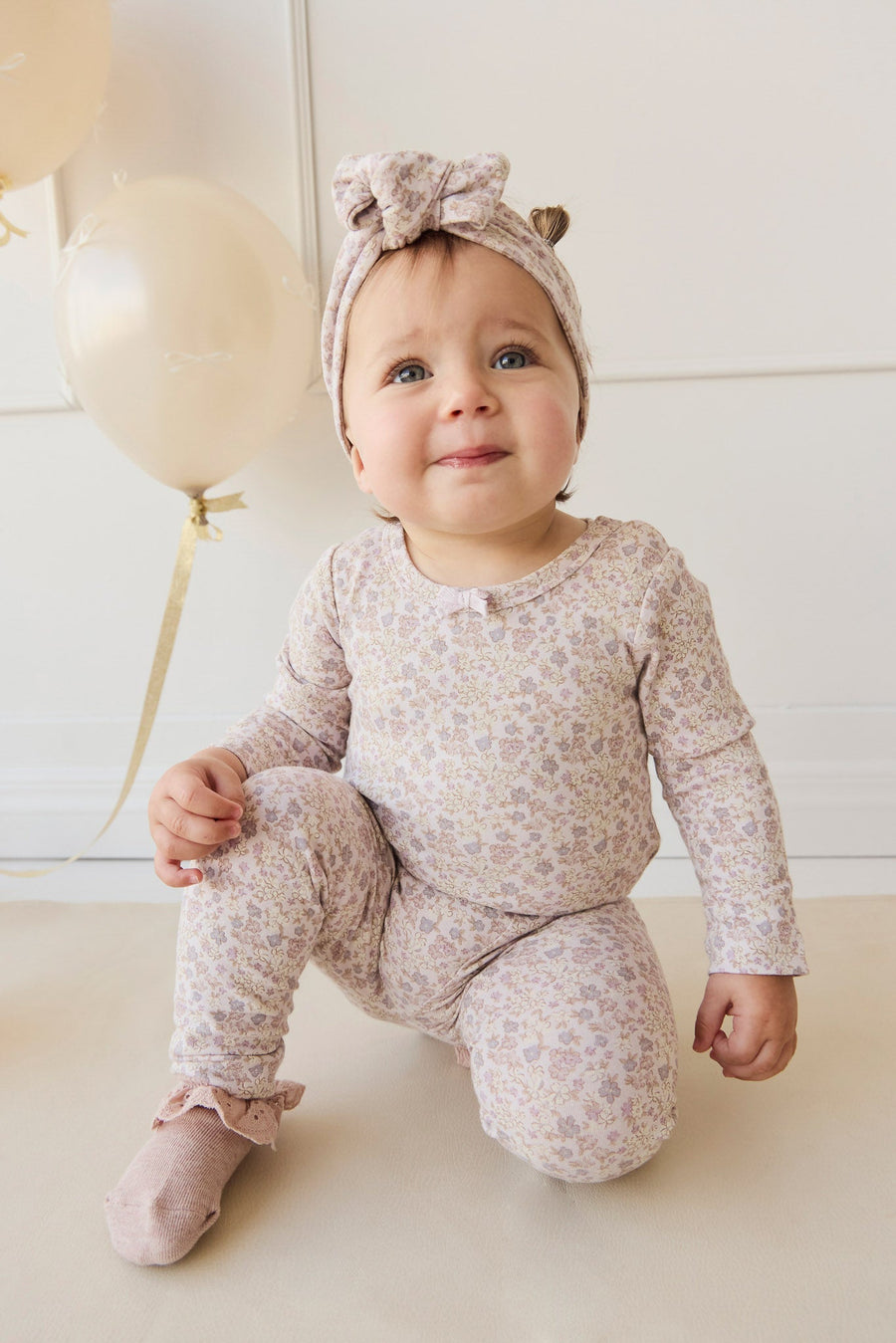 Organic Cotton Long Sleeve Bodysuit - Amber Floral Lilac Ash Childrens Bodysuit from Jamie Kay USA