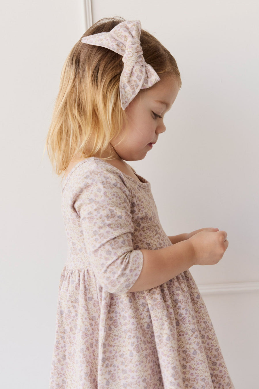 Organic Cotton Bow - Amber Floral Lilac Ash Childrens Bow from Jamie Kay USA