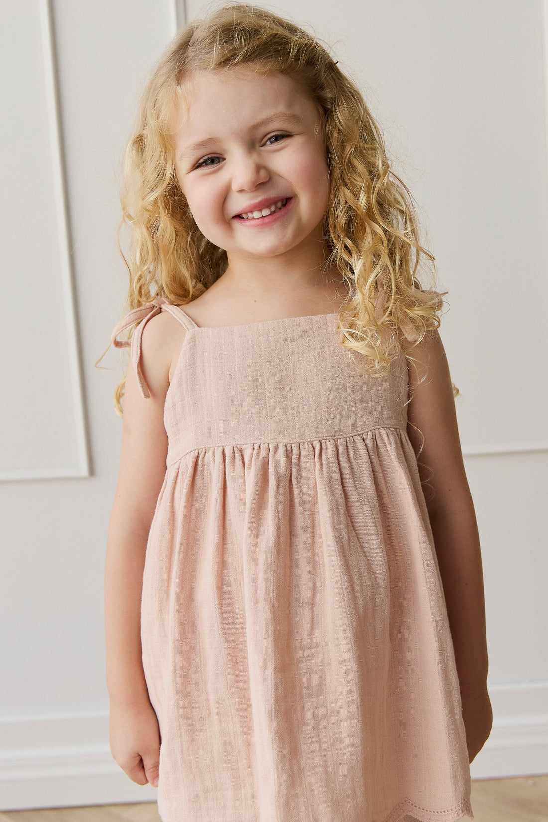 organic cotton muslin brielle dress - vintage ditsy Ditsy Floral Ruffle Cross Back Flare Baby Dress+Bloomer (Organic Muslin) Light Tan / 3-6M