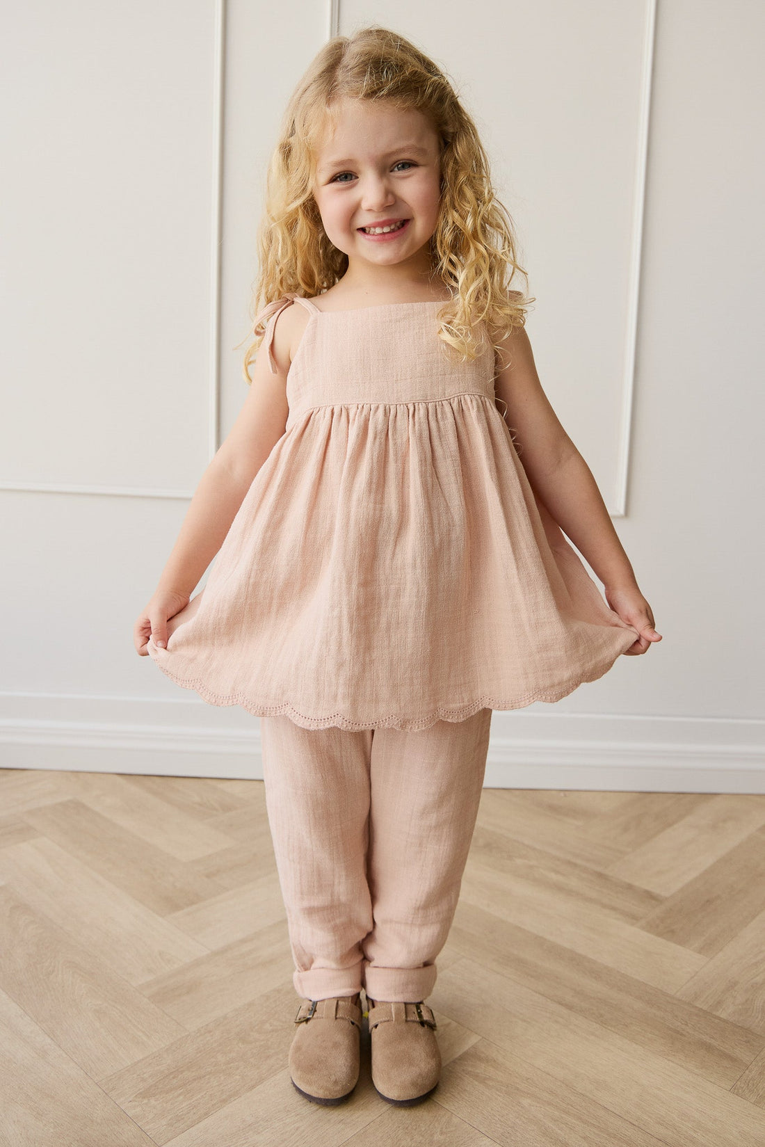 organic cotton muslin brielle dress - vintage ditsy Ditsy Floral Ruffle Cross Back Flare Baby Dress+Bloomer (Organic Muslin) Light Tan / 3-6M