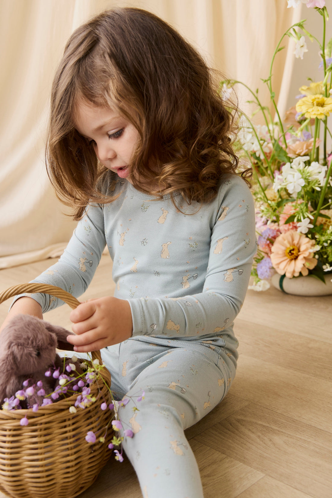 Organic Cotton Jarrah Long Sleeve Pyjama Set-Lapin Jardin Blue Childrens Pyjama from Jamie Kay USA