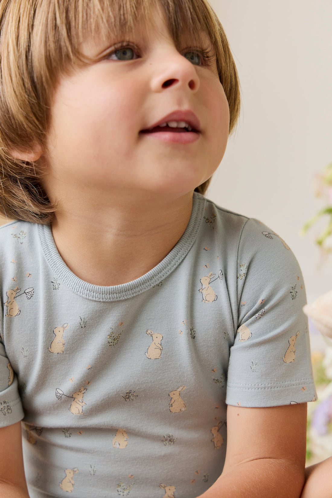 Organic Cotton Halston Short Sleeve Pyjama Set-Lapin Jardin Blue Childrens Pyjama from Jamie Kay USA