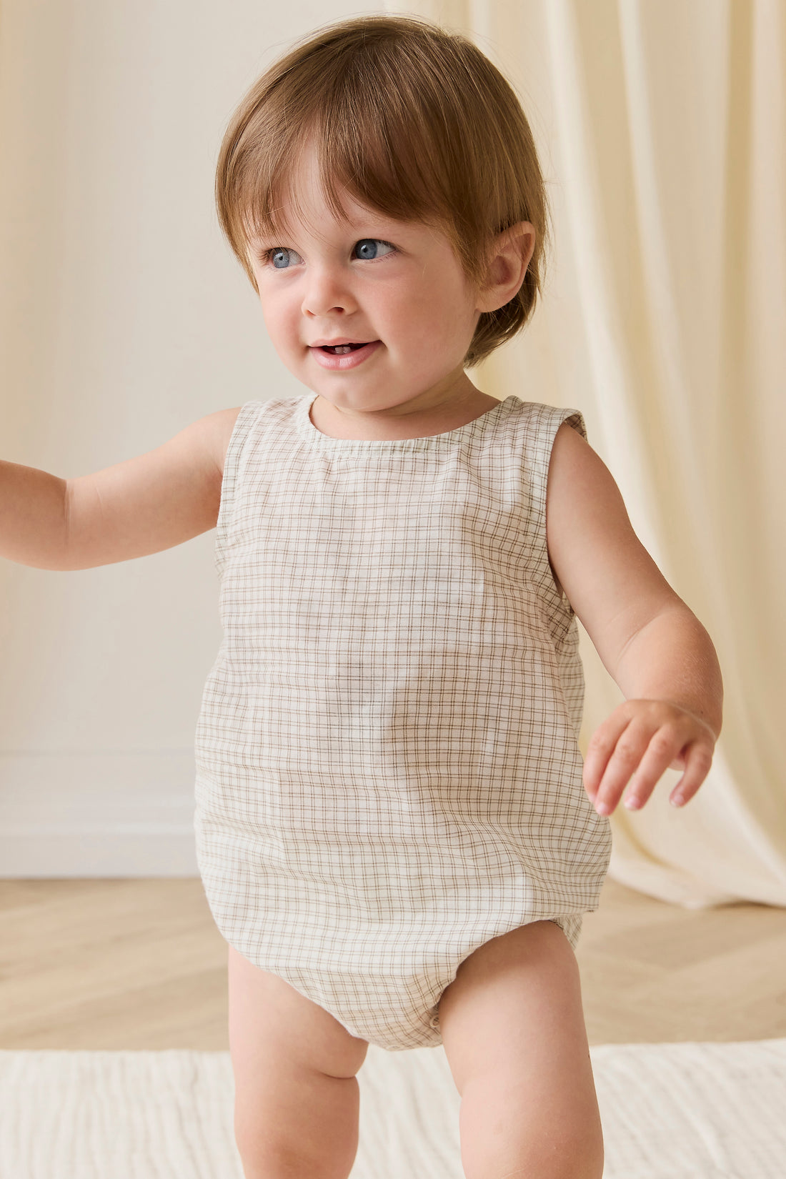Organic Cotton Bentley Playsuit-Double Windowpane Check Pecan Childrens Playsuit from Jamie Kay USA