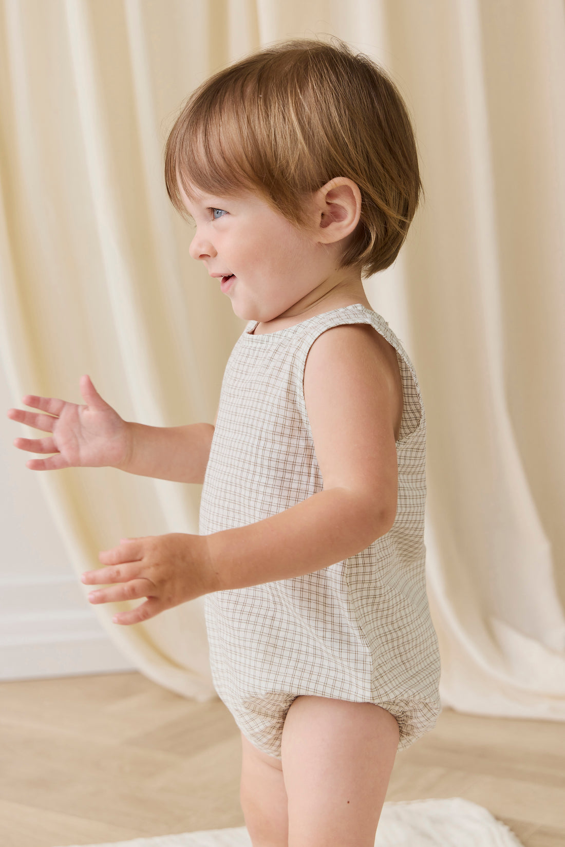 Organic Cotton Bentley Playsuit-Double Windowpane Check Pecan Childrens Playsuit from Jamie Kay USA