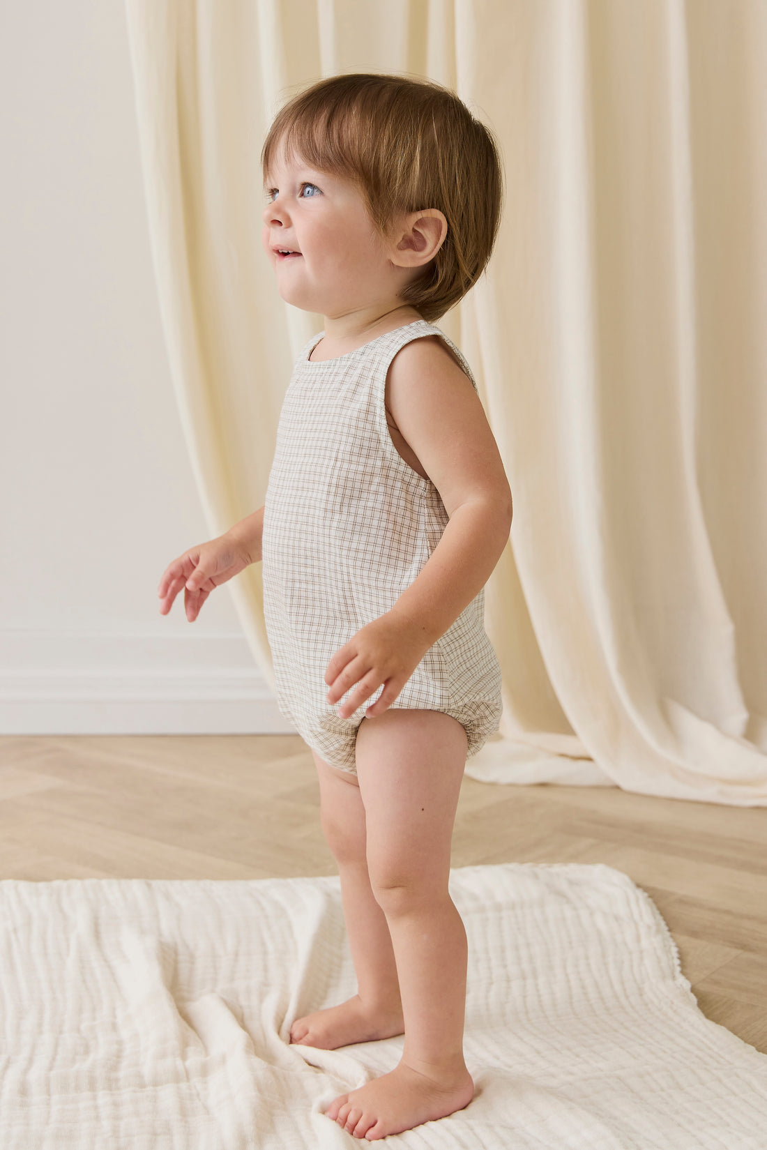 Organic Cotton Bentley Playsuit-Double Windowpane Check Pecan Childrens Playsuit from Jamie Kay USA