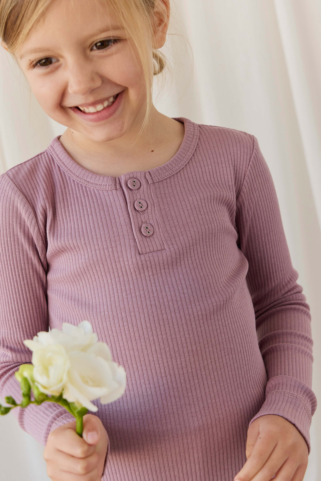 Organic Cotton Modal Long Sleeve Henley - Woodrose Childrens Top from Jamie Kay USA