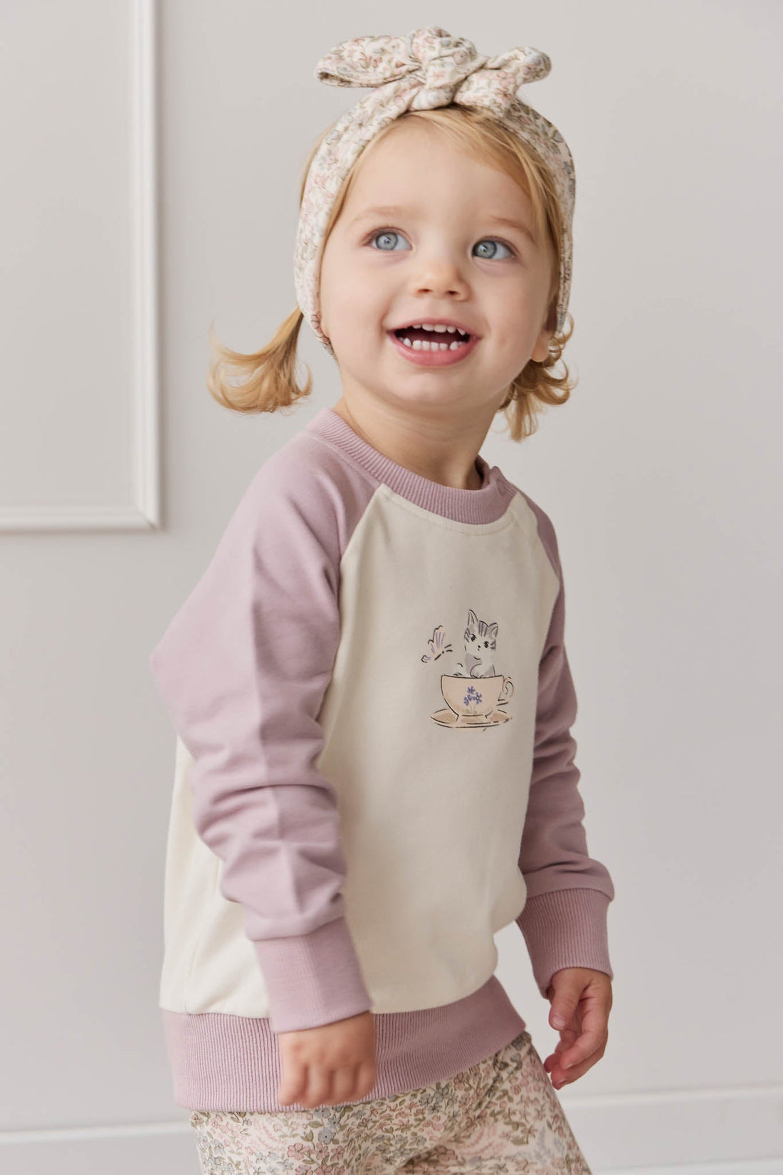 Organic Cotton Tao Sweatshirt - Parchment Kitty Teacup Lilac Childrens Top from Jamie Kay USA