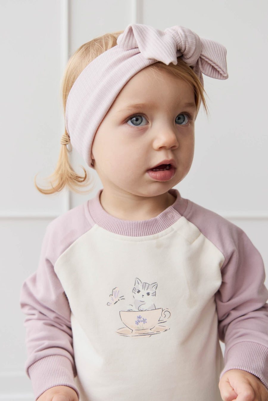 Organic Cotton Tao Sweatshirt - Parchment Kitty Teacup Lilac Childrens Top from Jamie Kay USA