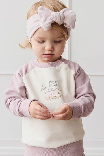 Organic Cotton Tao Sweatshirt - Parchment Kitty Teacup Lilac Childrens Top from Jamie Kay USA
