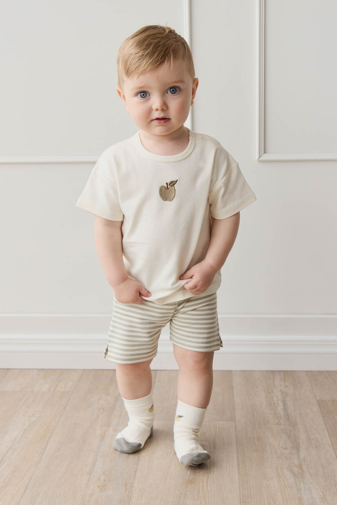 Pima Cotton Marley Short - Narrow Stripe Moss/Cloud Childrens Short from Jamie Kay USA