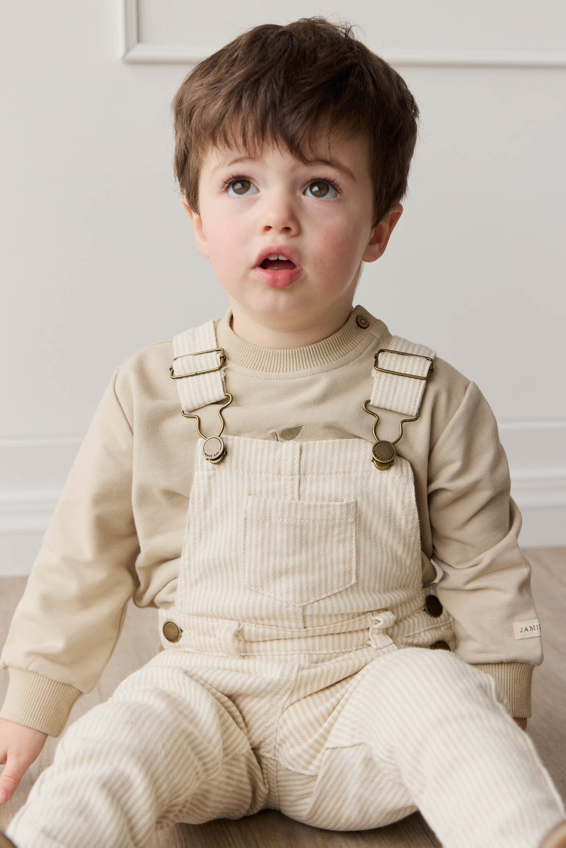 Jordie Overall - Fine Stripe Biscuit/Cloud Childrens Overall from Jamie Kay USA