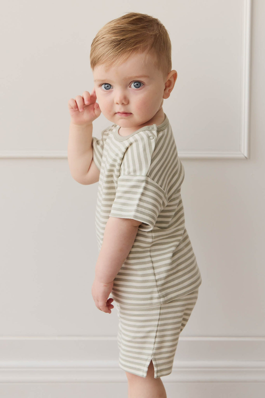 Pima Cotton Hunter Tee - Narrow Stripe Moss/Cloud Childrens Top from Jamie Kay USA