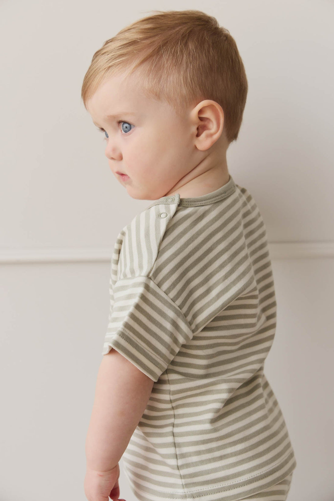 Pima Cotton Hunter Tee - Narrow Stripe Moss/Cloud Childrens Top from Jamie Kay USA