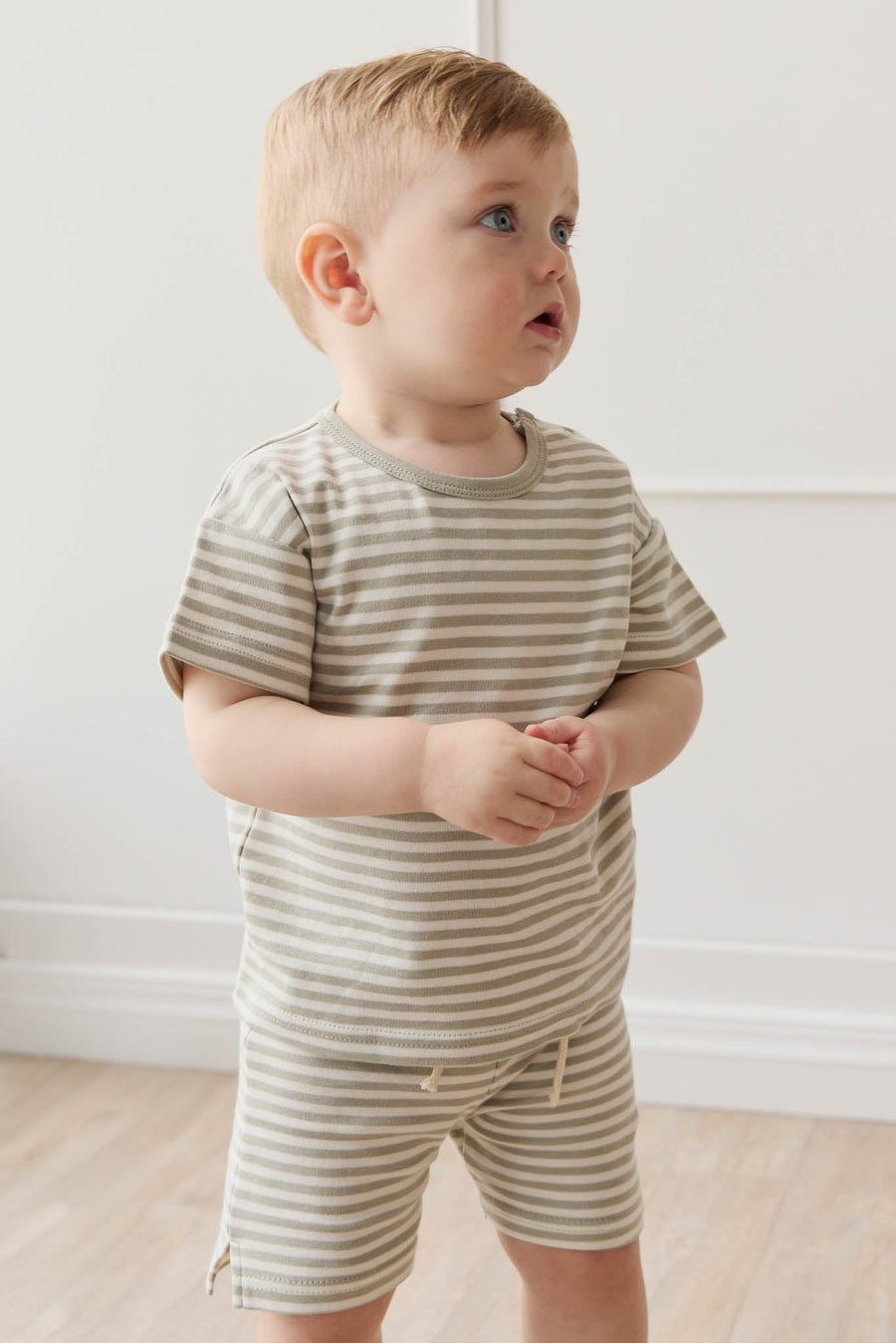 Pima Cotton Hunter Tee - Narrow Stripe Moss/Cloud Childrens Top from Jamie Kay USA