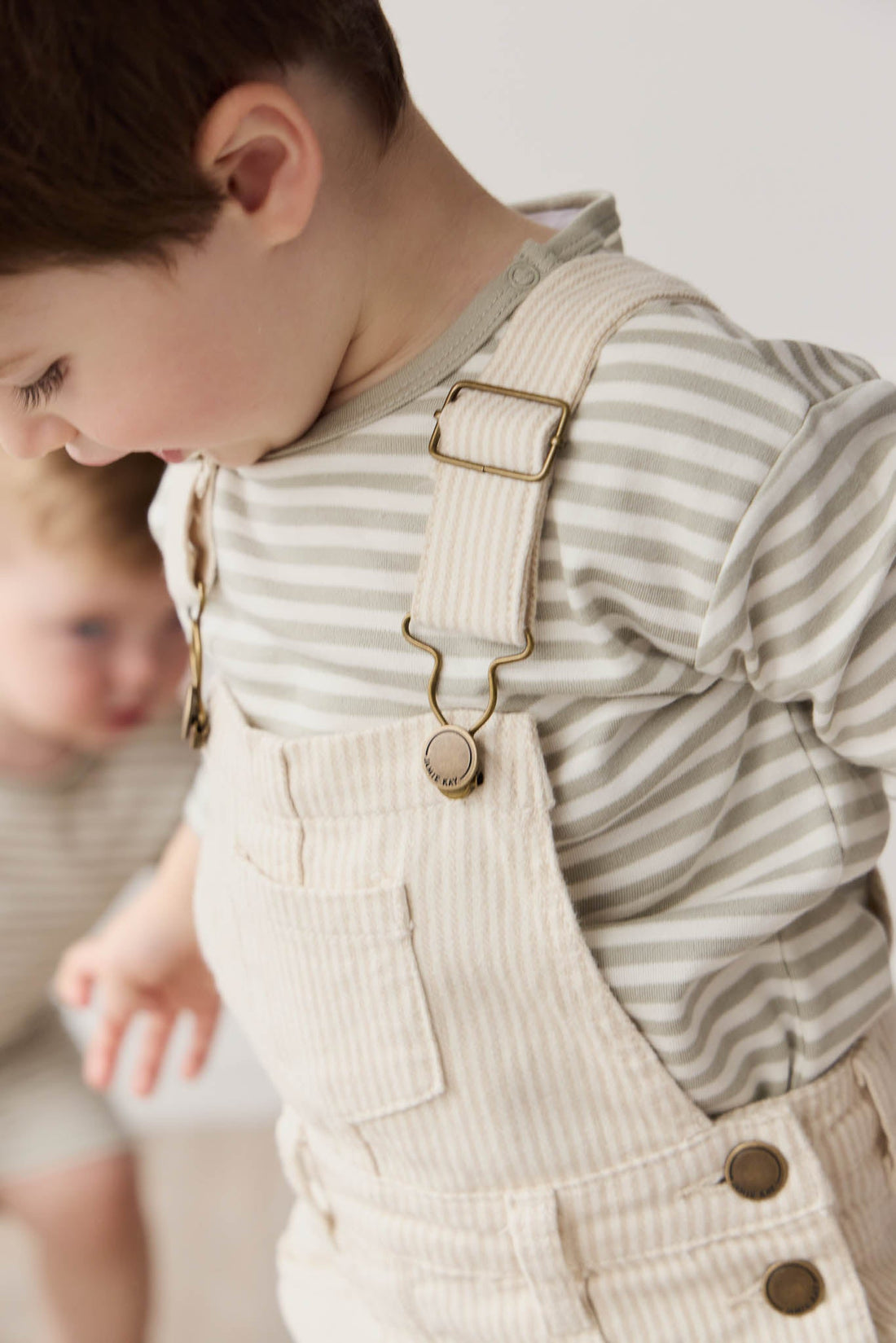 Jordie Overall - Fine Stripe Biscuit/Cloud Childrens Overall from Jamie Kay USA