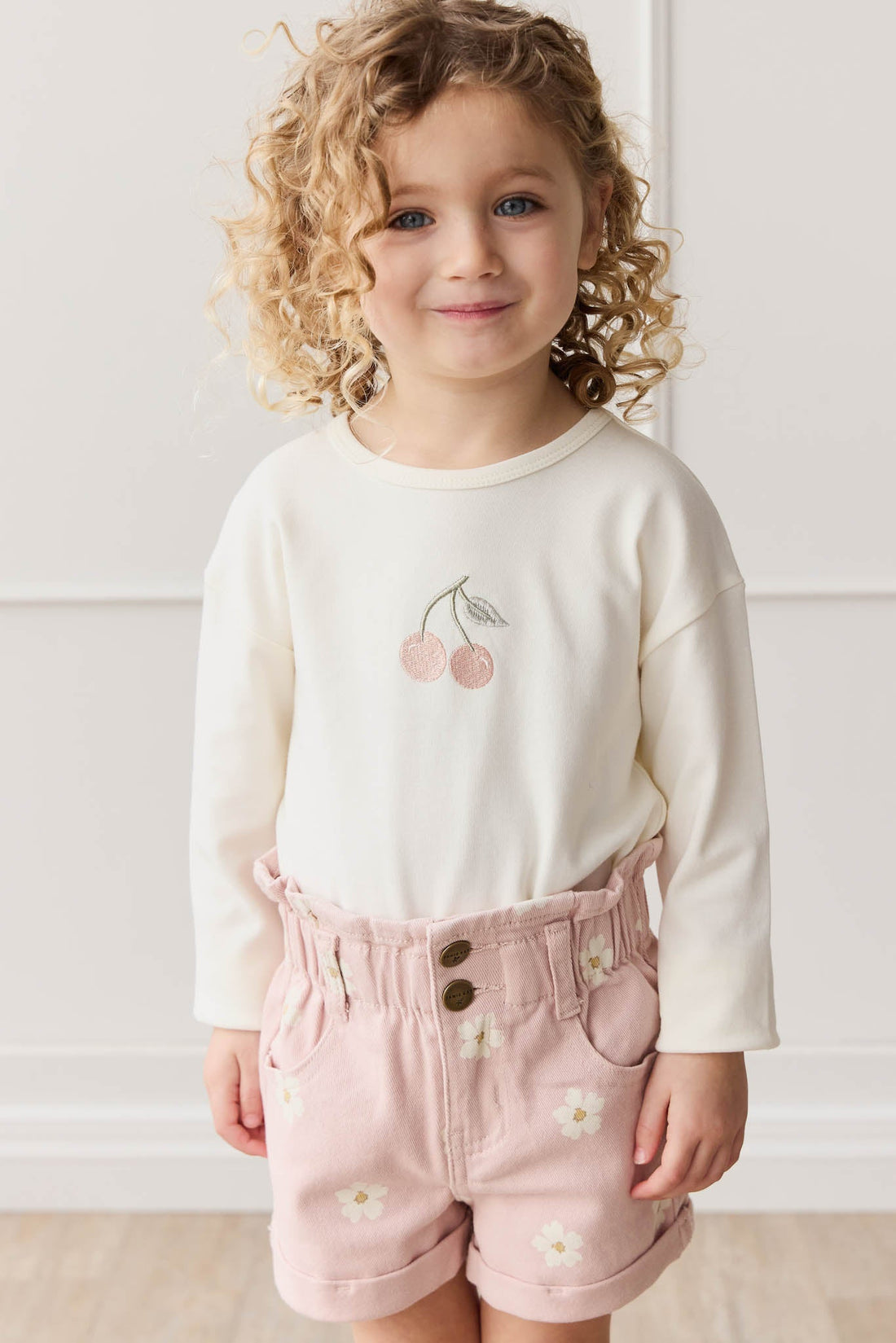 Pima Cotton Arnold Long Sleeve Top - Parchment Petite Cherry Childrens Top from Jamie Kay USA