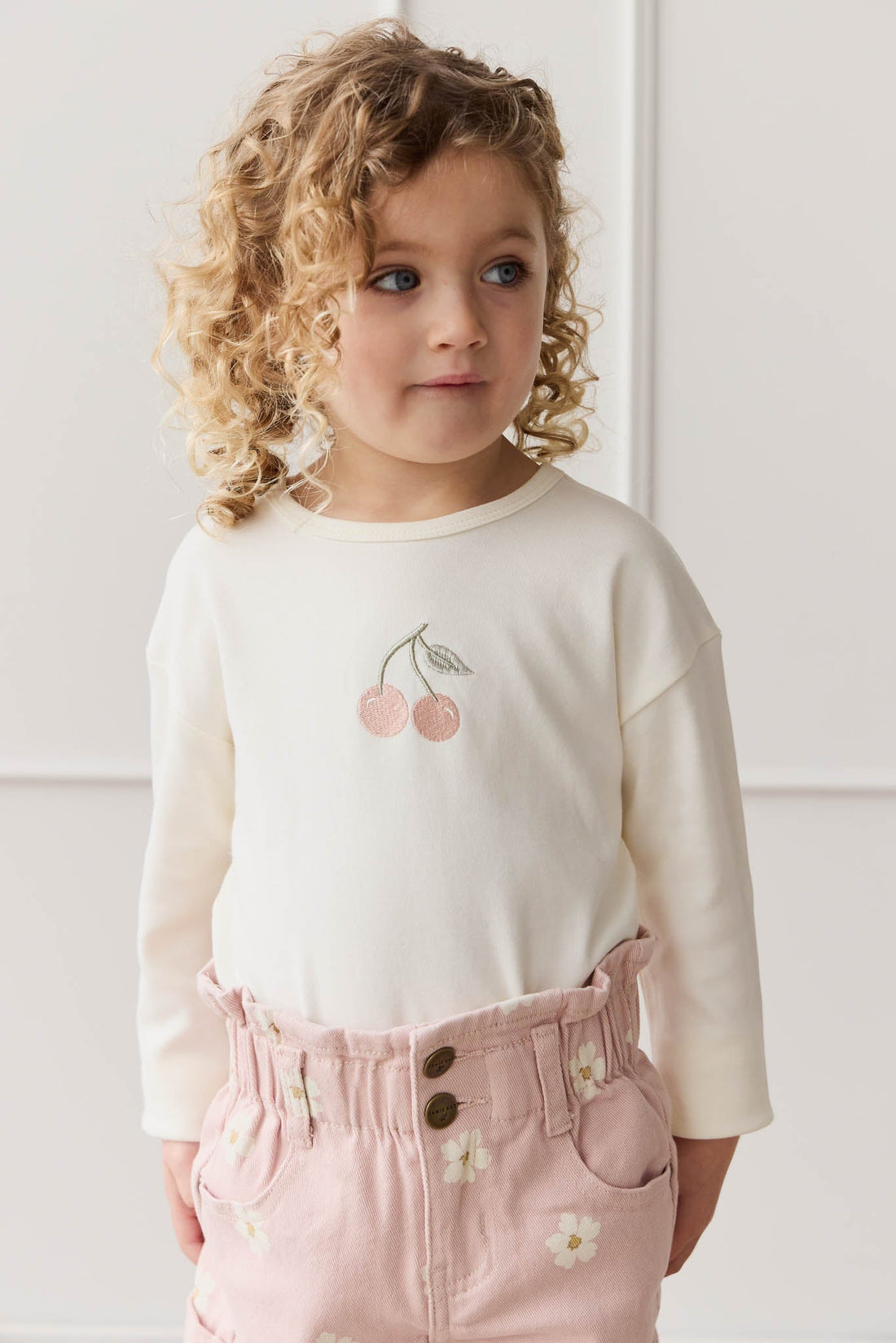 Pima Cotton Arnold Long Sleeve Top - Parchment Petite Cherry Childrens Top from Jamie Kay USA