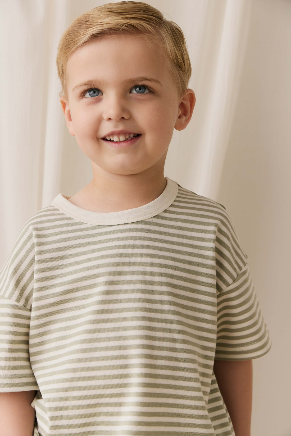 Pima Cotton Wesley Tee - Narrow Stripe Lichen / Cloud Childrens Top from Jamie Kay USA