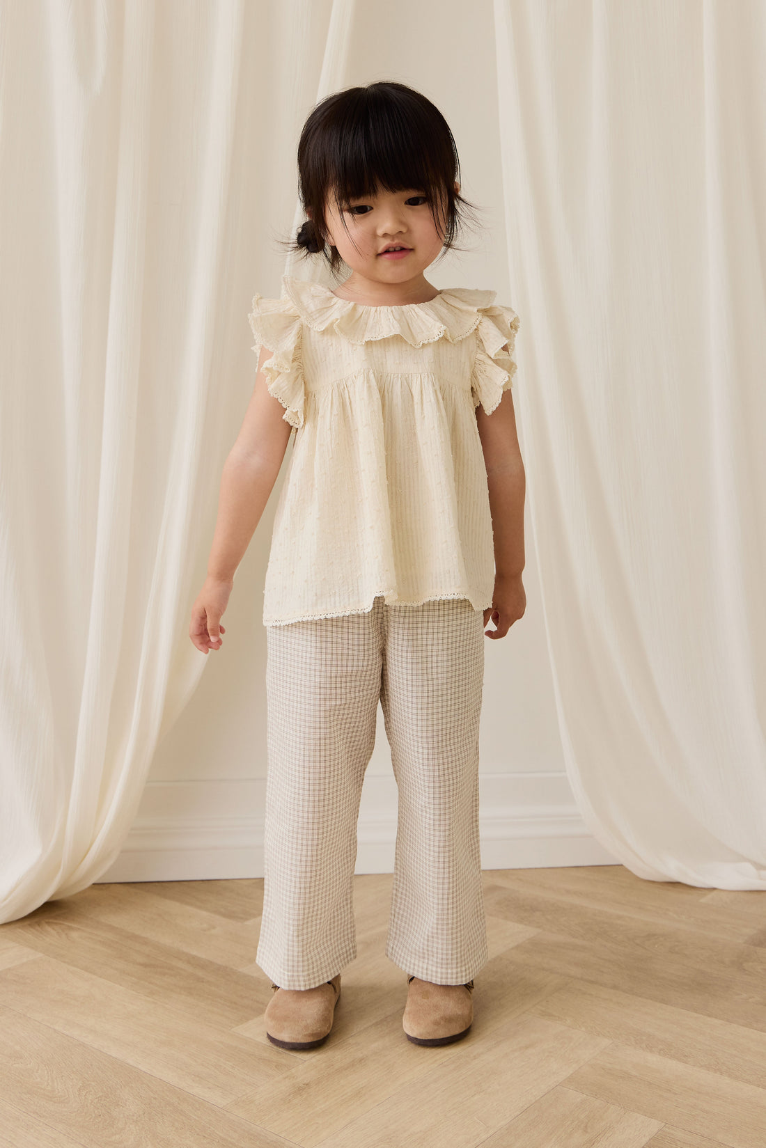 Organic Cotton Kenji Pant-Double Windowpane Check Pecan Childrens Pant from Jamie Kay USA