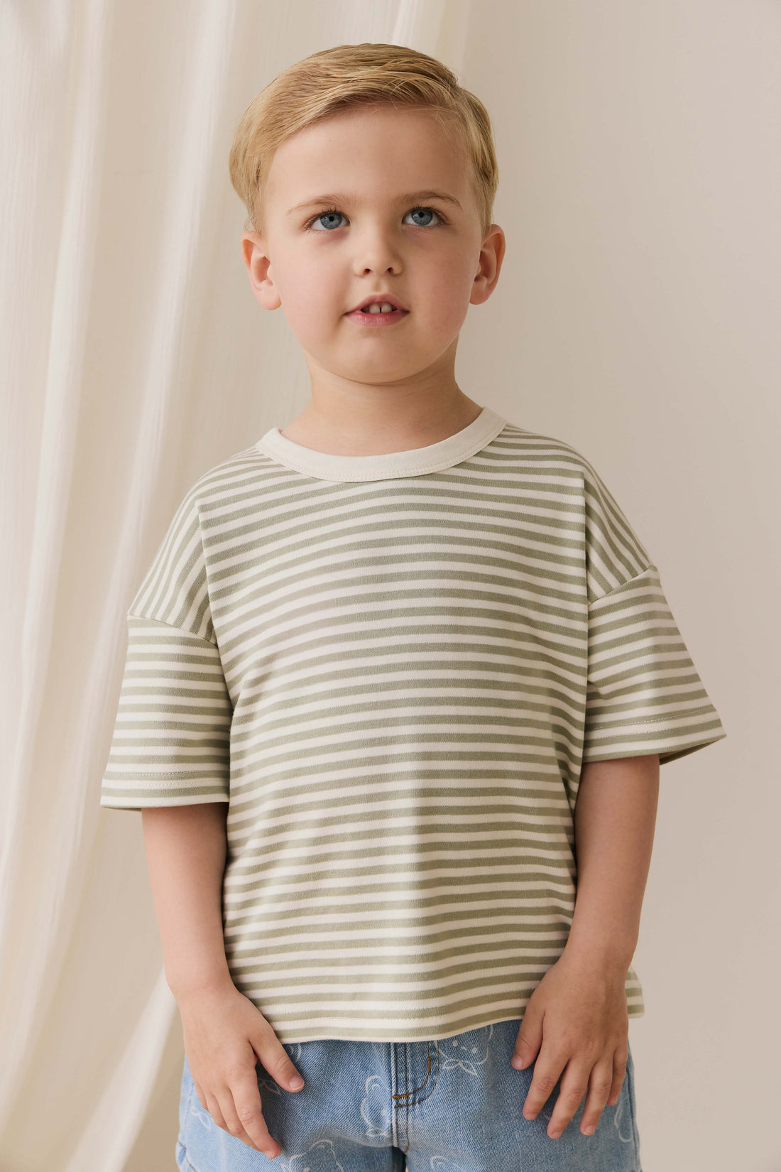 Pima Cotton Wesley Tee - Narrow Stripe Lichen / Cloud Childrens Top from Jamie Kay USA