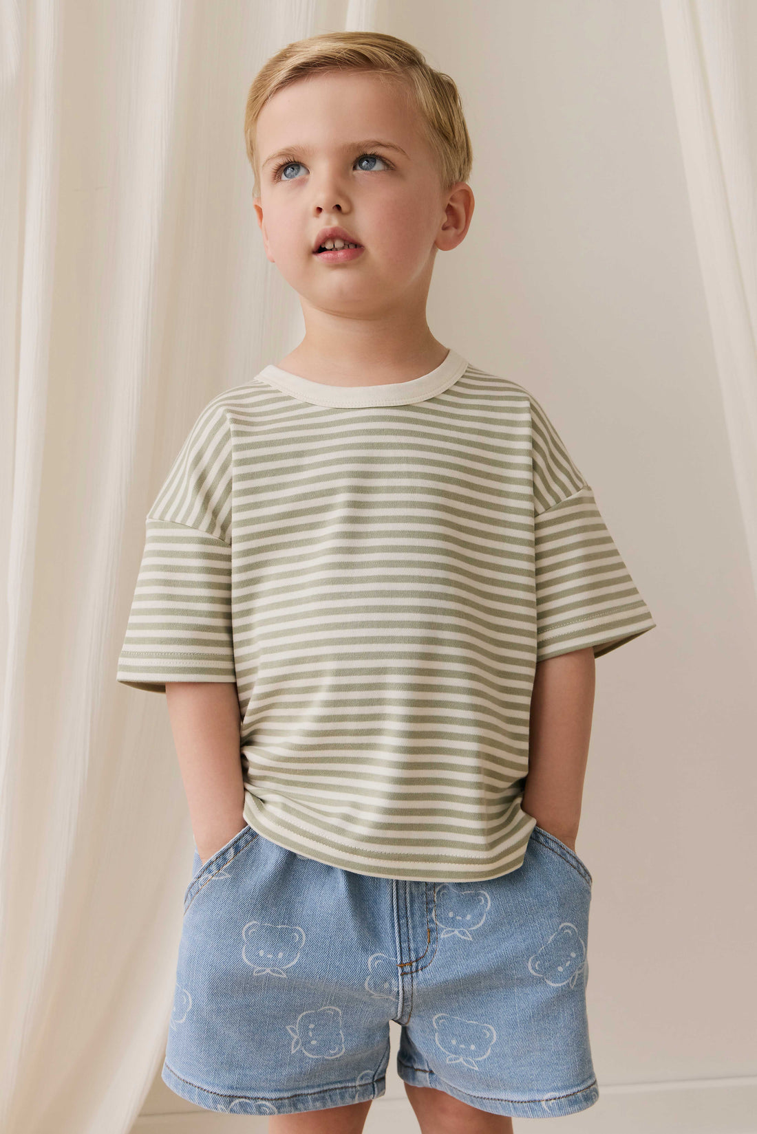 Pima Cotton Wesley Tee - Narrow Stripe Lichen / Cloud Childrens Top from Jamie Kay USA