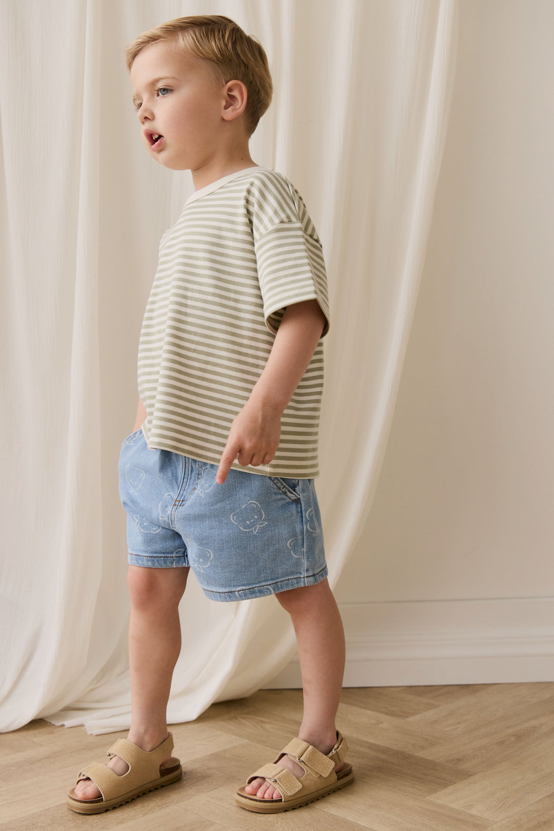 Pima Cotton Wesley Tee - Narrow Stripe Lichen / Cloud Childrens Top from Jamie Kay USA