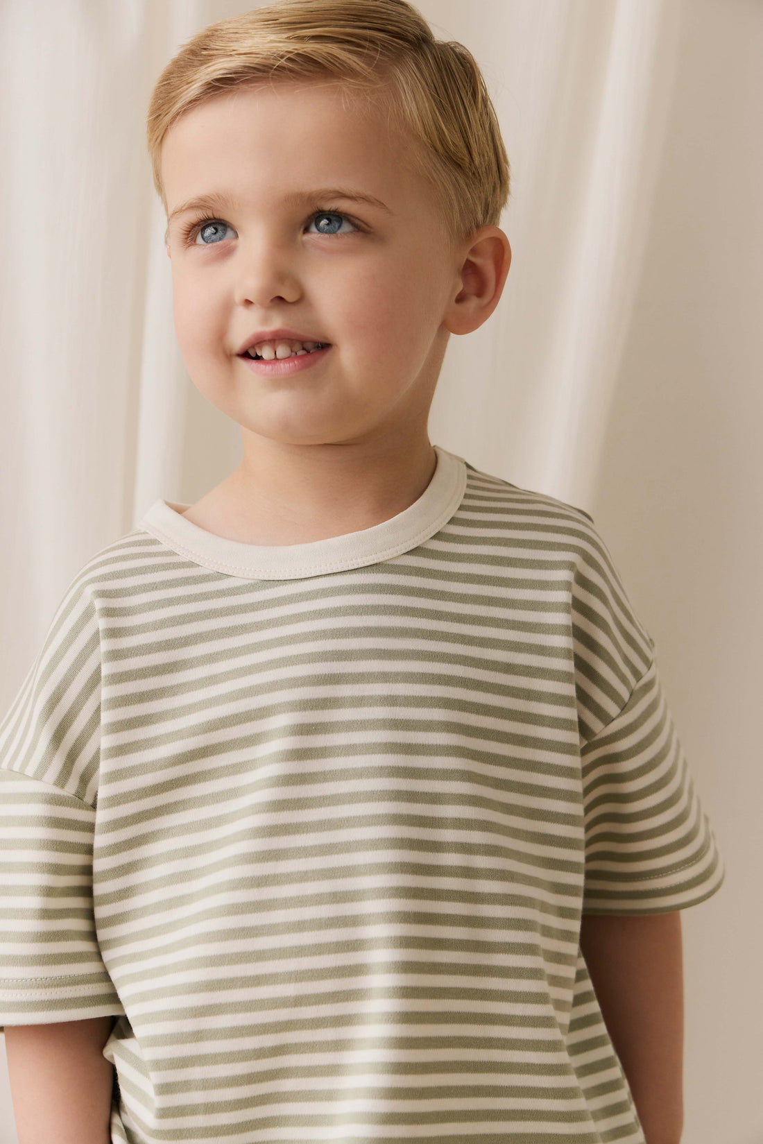 Pima Cotton Wesley Tee - Narrow Stripe Lichen / Cloud Childrens Top from Jamie Kay USA