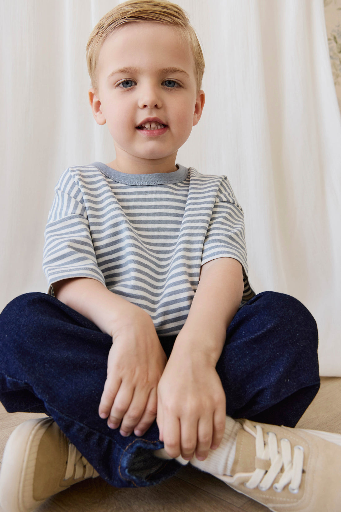 Pima Cotton Wesley Tee-Narrow Stripe Dawn / Cloud Childrens Top from Jamie Kay USA