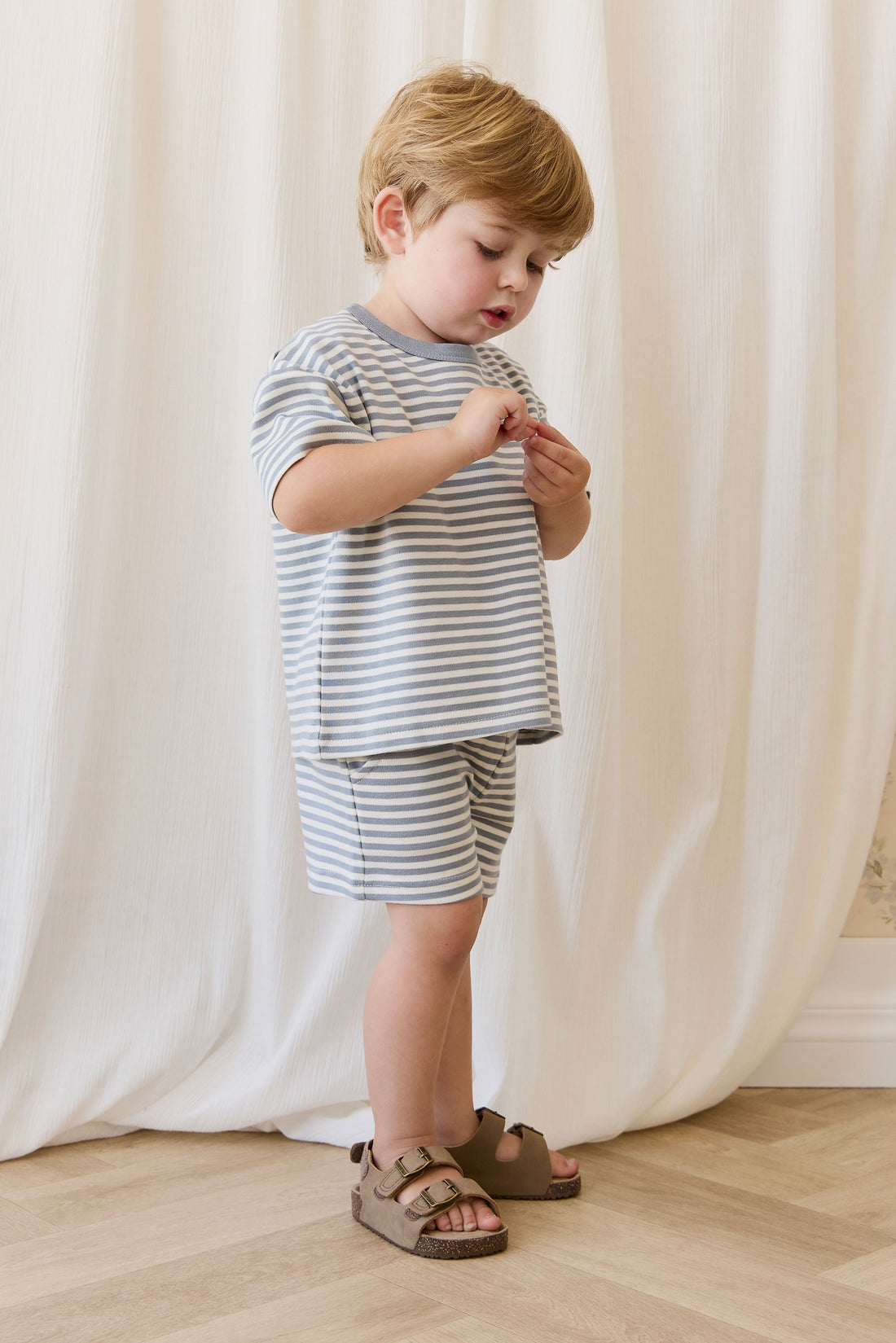 Pima Cotton Wesley Short-Narrow Stripe Dawn / Cloud Childrens Shorts from Jamie Kay USA