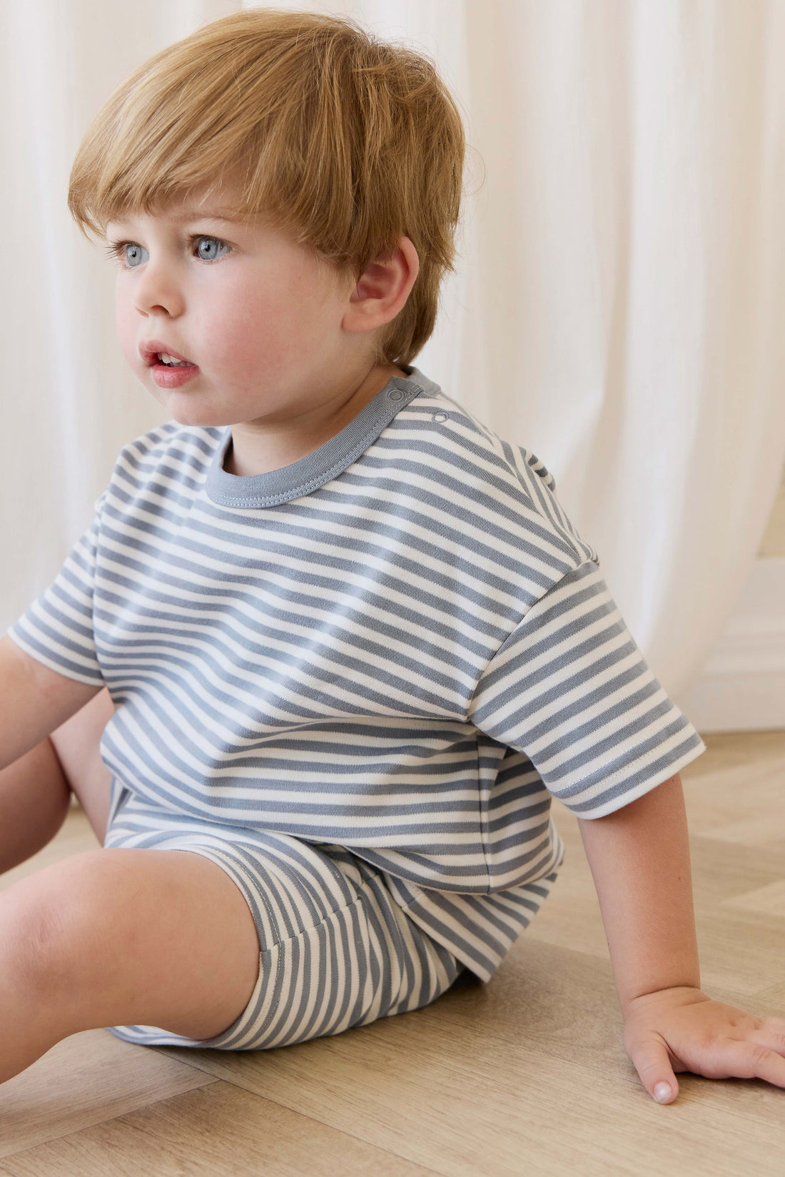 Pima Cotton Wesley Short-Narrow Stripe Dawn / Cloud Childrens Shorts from Jamie Kay USA