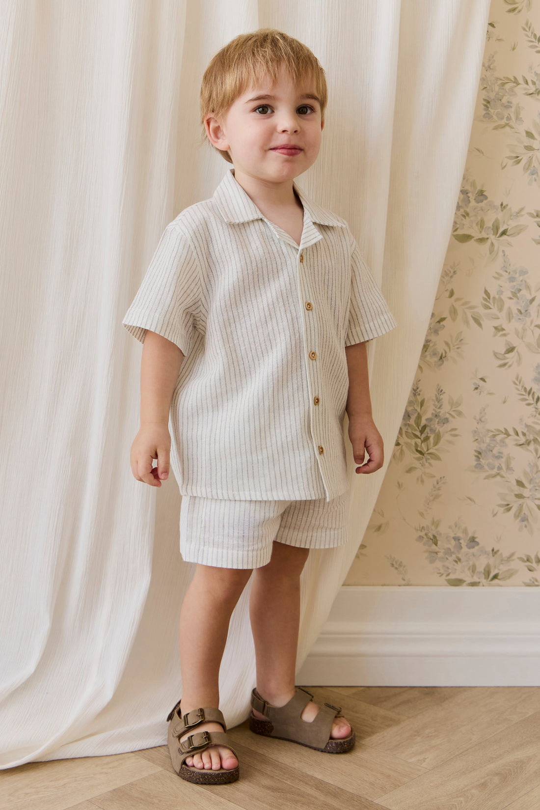 Organic Cotton Silas Shirt-Mini Pinstripe Parchment / Dawn Childrens Top from Jamie Kay USA