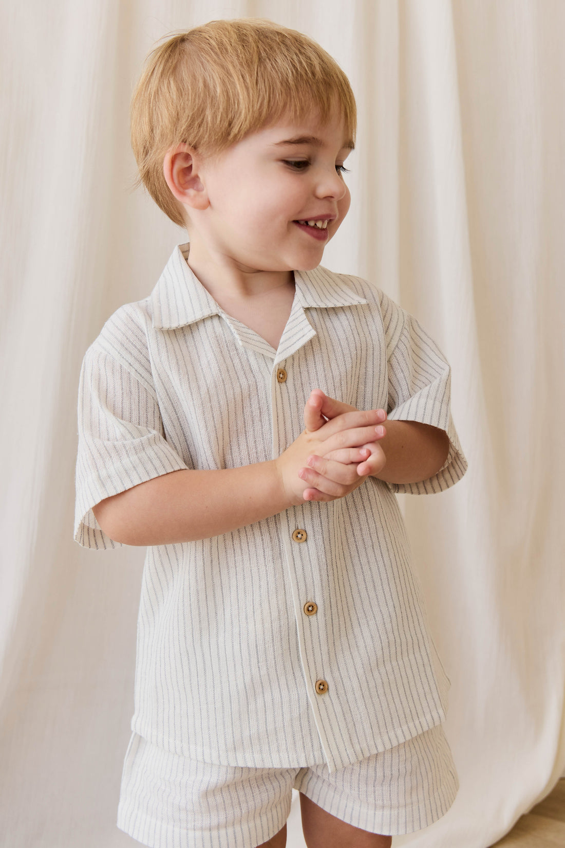 Organic Cotton Louis Short-Mini Pinstripe Parchment / Dawn Childrens short from Jamie Kay USA