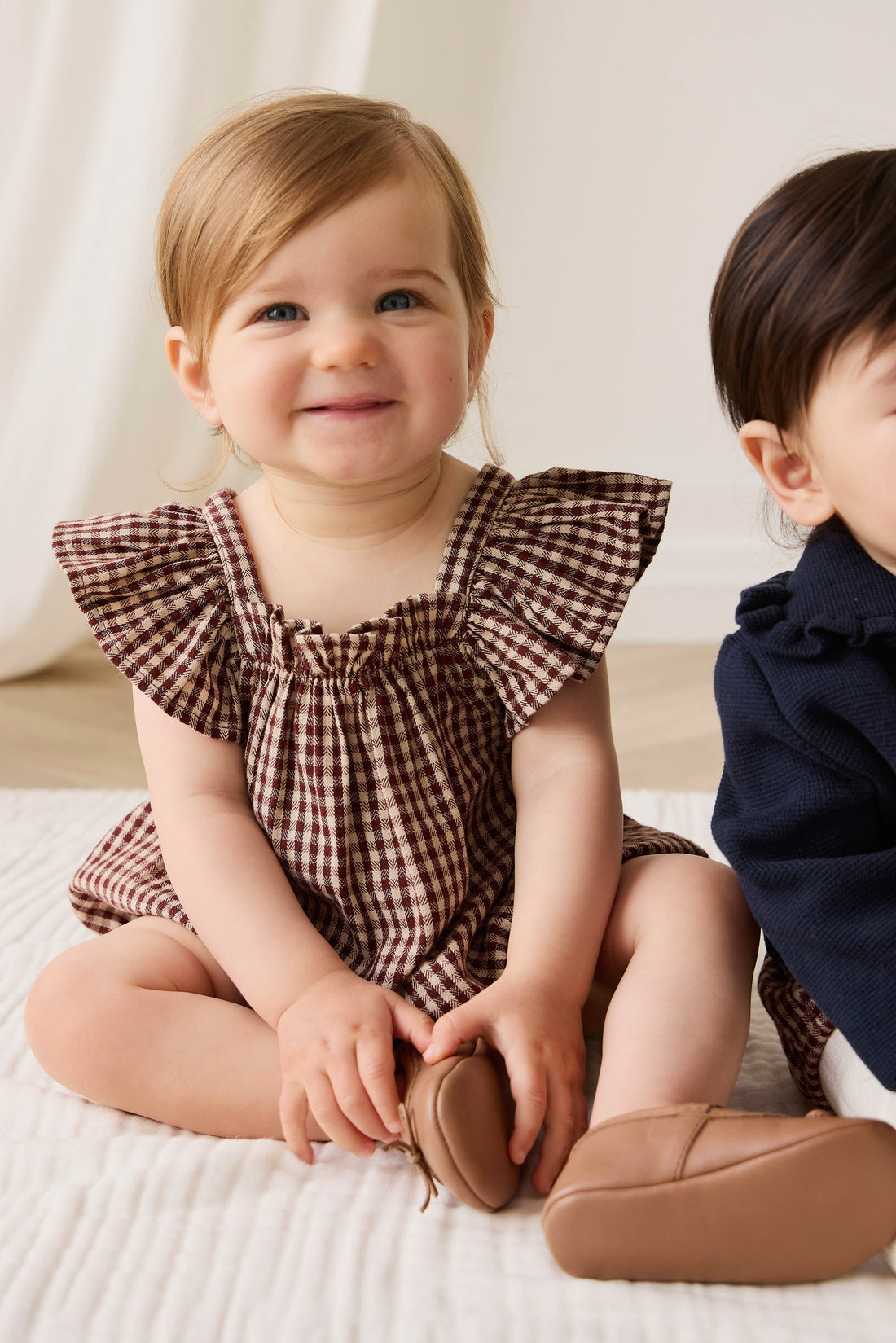 Organic Cotton Harriet Playsuit - Cinnamon Gingham Childrens Playsuit from Jamie Kay USA