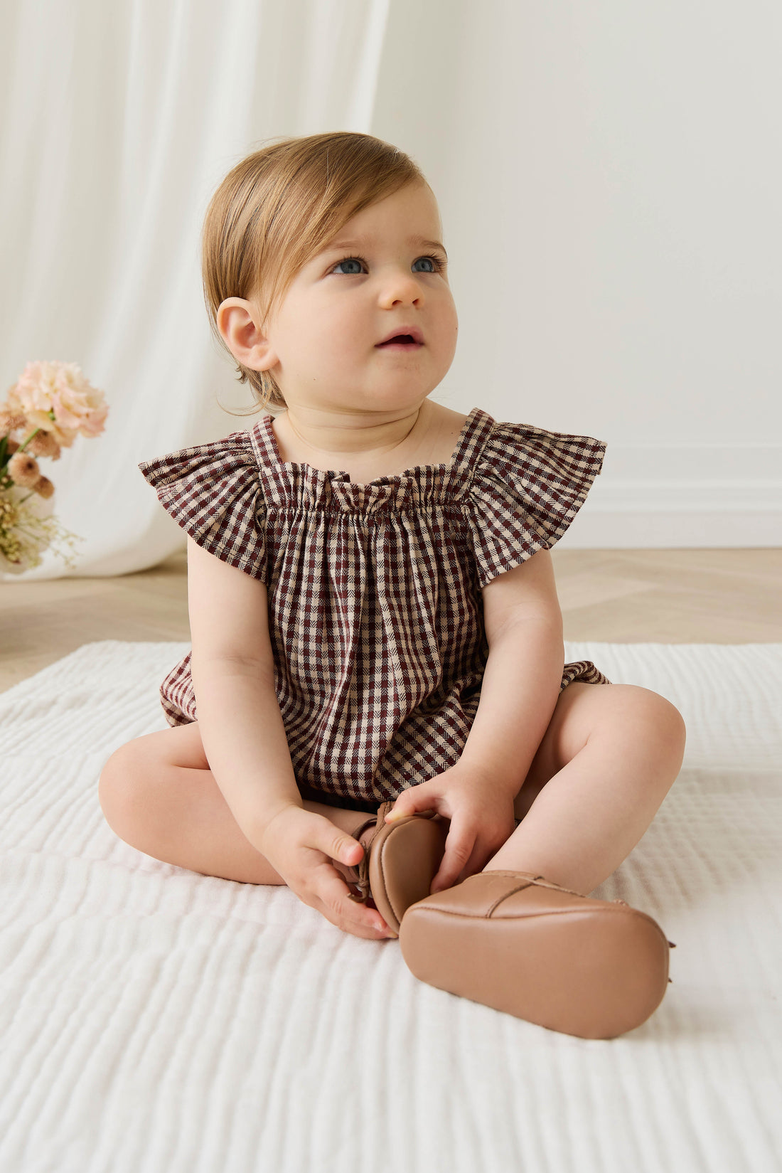 Organic Cotton Harriet Playsuit - Cinnamon Gingham Childrens Playsuit from Jamie Kay USA