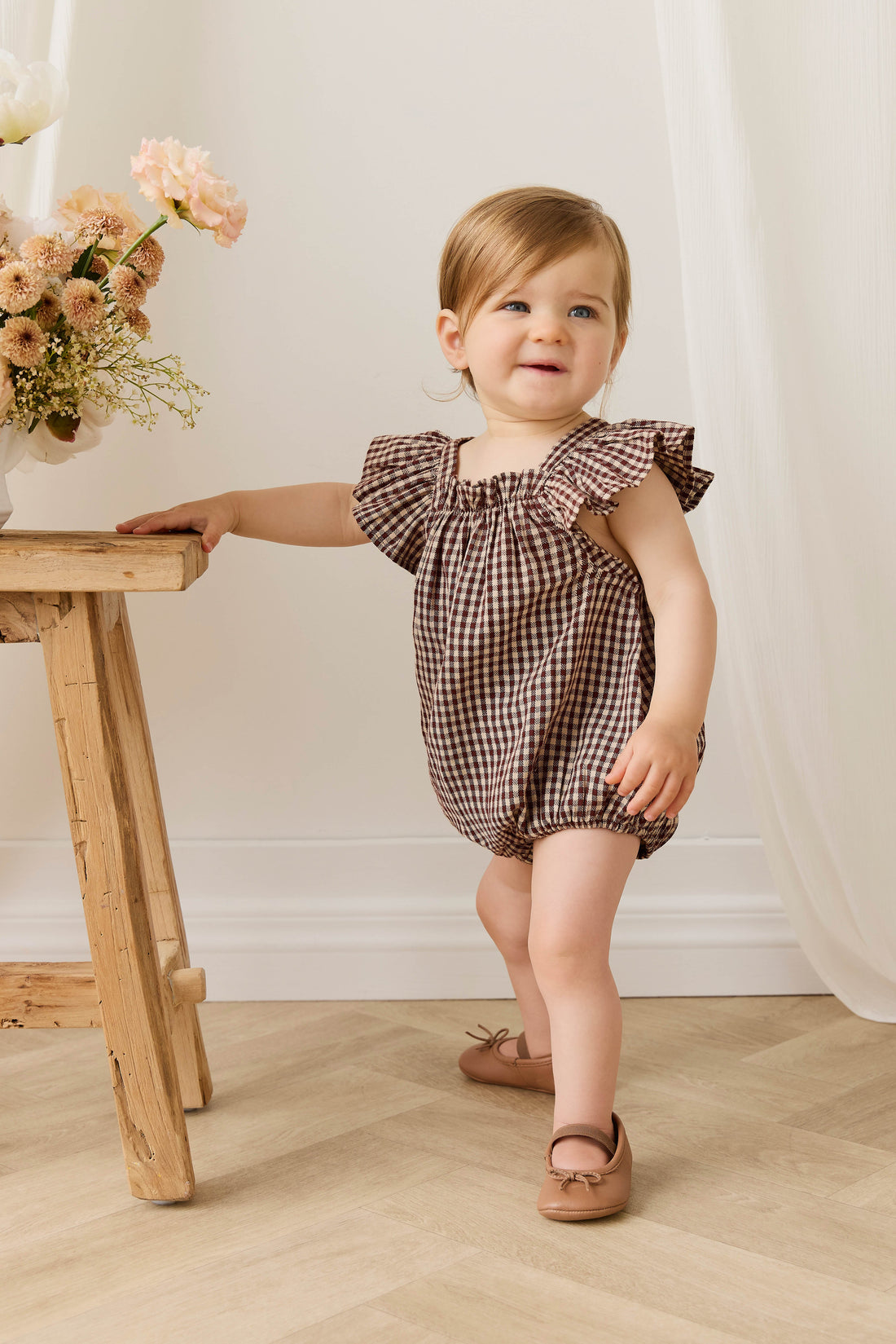 Organic Cotton Harriet Playsuit - Cinnamon Gingham Childrens Playsuit from Jamie Kay USA