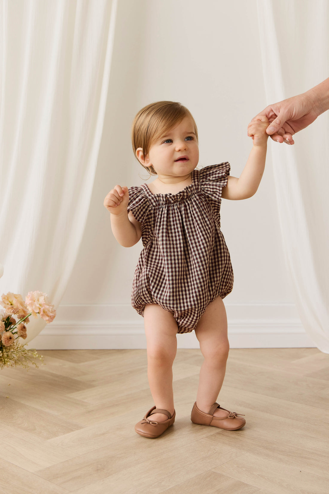 Organic Cotton Harriet Playsuit - Cinnamon Gingham Childrens Playsuit from Jamie Kay USA