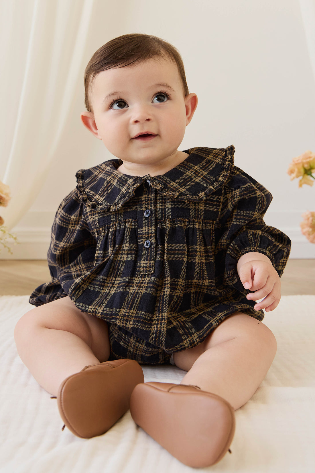 Organic Cotton Elowen Playsuit - Woodland Check Childrens Playsuit from Jamie Kay USA