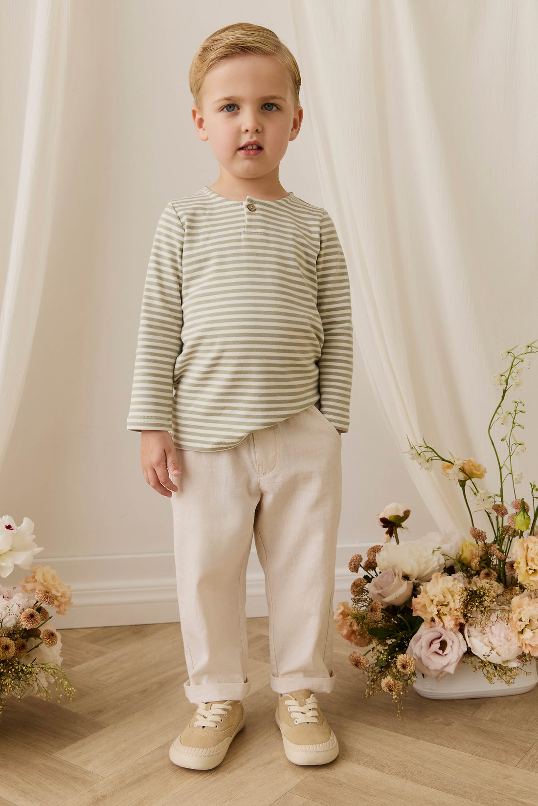 Pima Cotton Shae Top - Narrow Stripe Lichen / Cloud Childrens Top from Jamie Kay USA