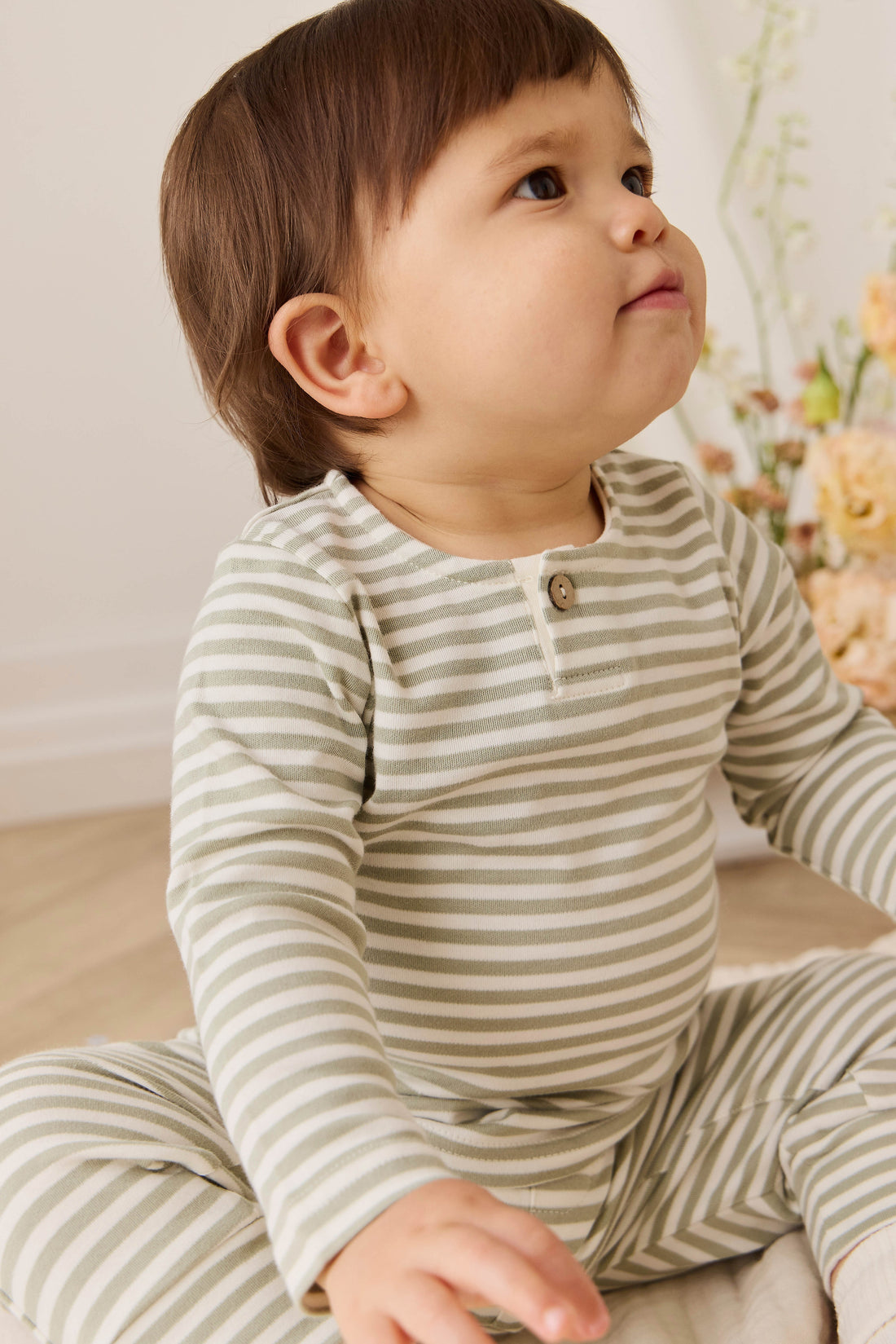 Pima Cotton Wesley Pant - Narrow Stripe Lichen / Cloud Childrens Pant from Jamie Kay USA