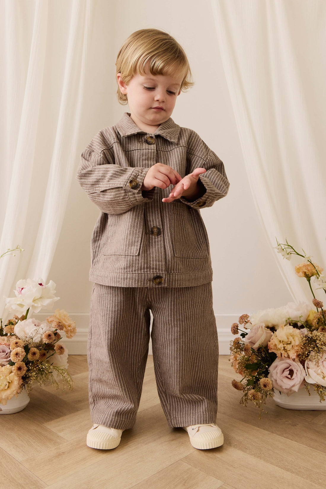 Abel Pant - Mini Pinstripe Cassava / Iroko Childrens Pant from Jamie Kay USA