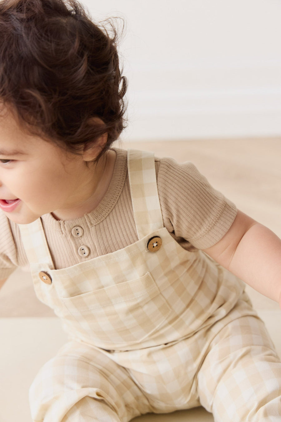 Organic Cotton Kingston Overall - Gingham Pale Khaki Childrens Overall from Jamie Kay USA