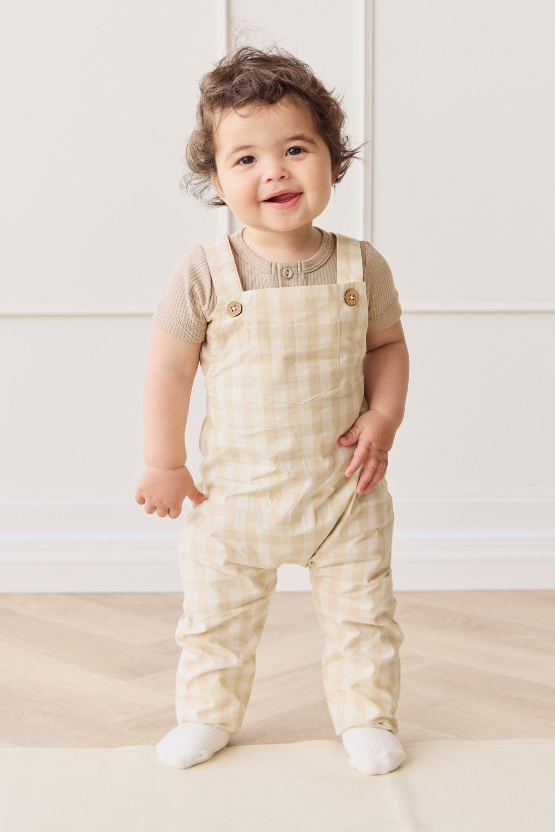 Organic Cotton Kingston Overall - Gingham Pale Khaki Childrens Overall from Jamie Kay USA