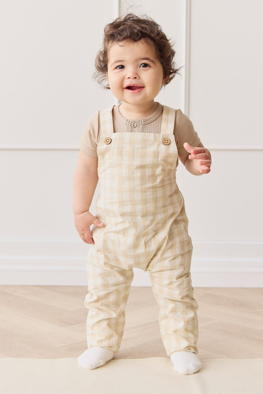 Organic Cotton Kingston Overall - Gingham Pale Khaki Childrens Overall from Jamie Kay USA