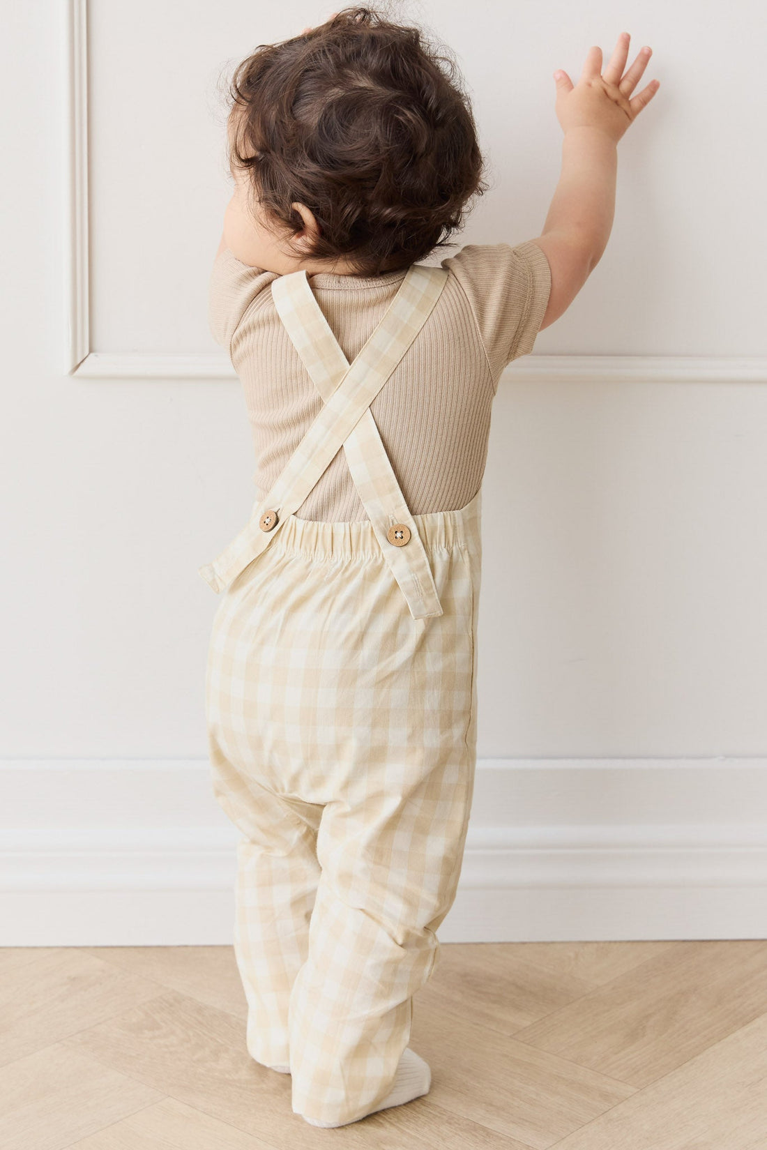 Organic Cotton Kingston Overall - Gingham Pale Khaki Childrens Overall from Jamie Kay USA