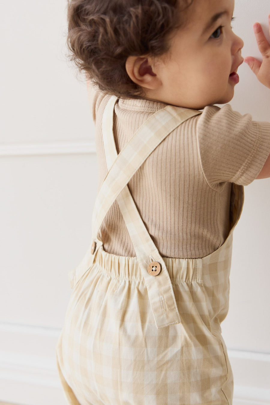 Organic Cotton Kingston Overall - Gingham Pale Khaki Childrens Overall from Jamie Kay USA