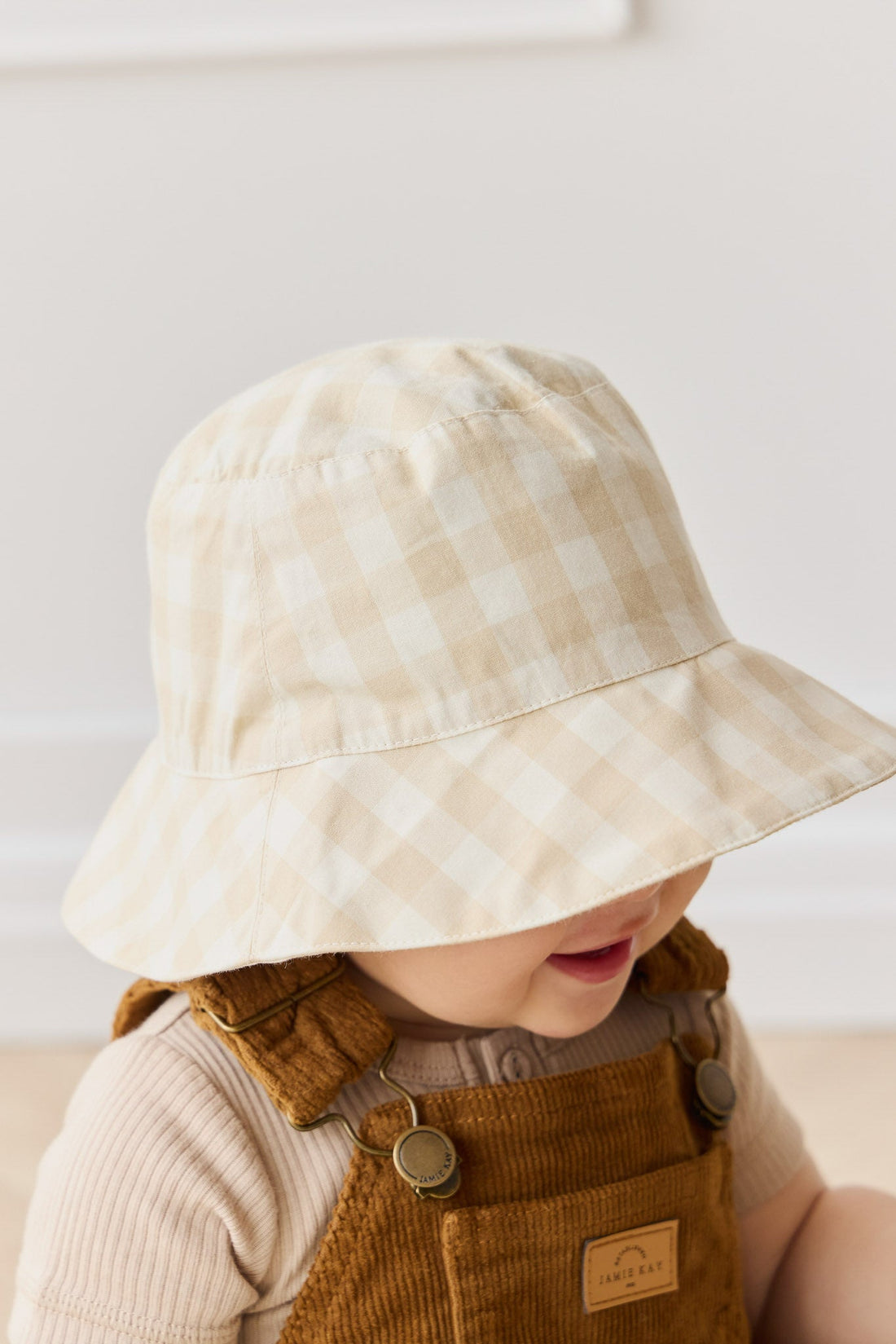 Organic Cotton Bucket Hat - Gingham Pale Khaki Childrens Hat from Jamie Kay USA